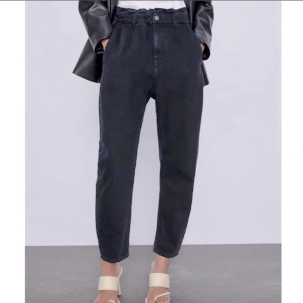 🎄4X$50 Zara Womens High Waist Tapered Paper Bag Black Jeans Size 2